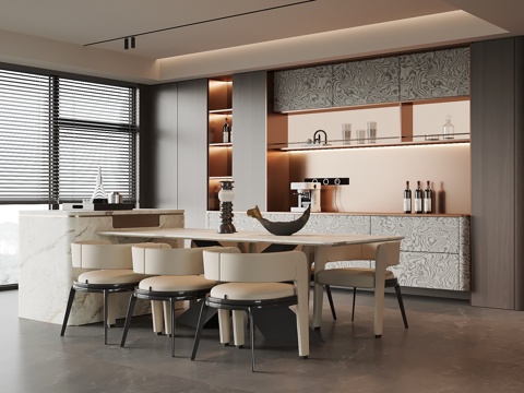 现代意式酒柜 餐边柜 餐桌椅 岛台su模型