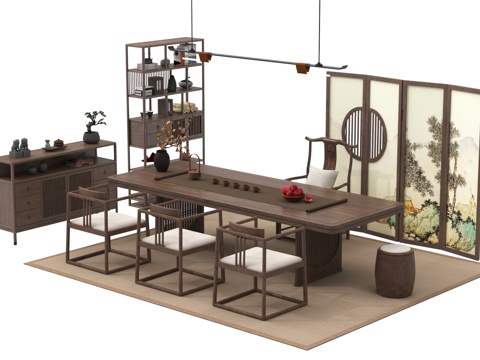 新中式茶室 茶台 茶桌椅 茶具 吊灯屏风su模型