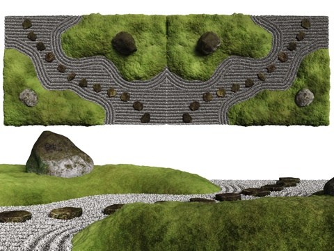 新中式汀步 青石板路 石子道路 微地形 苔藓景观su模型