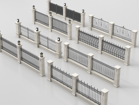 新中式围墙 景墙 小区围墙 铁艺围墙 格栅su模型