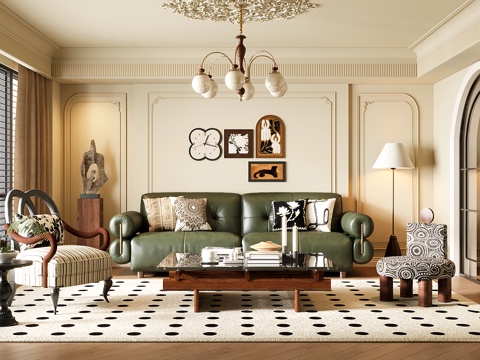 法式中古客厅 沙发茶几组合 吊灯 雕塑su模型