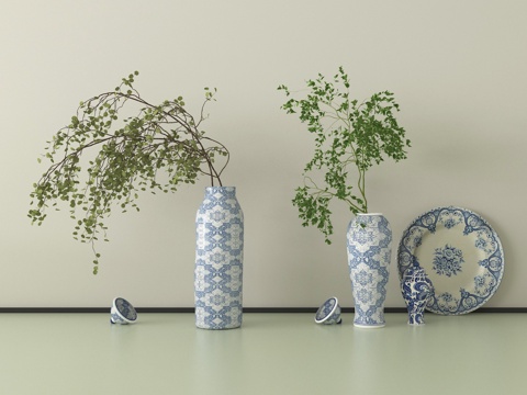 中式青花瓷花瓶 花瓶 盘子摆件su模型