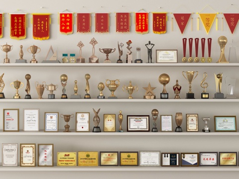  现代奖杯奖牌 荣誉证书 徽章 锦旗 奖杯3d模型 