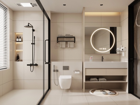  现代简约卫生间 浴室柜 马桶 花洒 淋浴间3d模型 