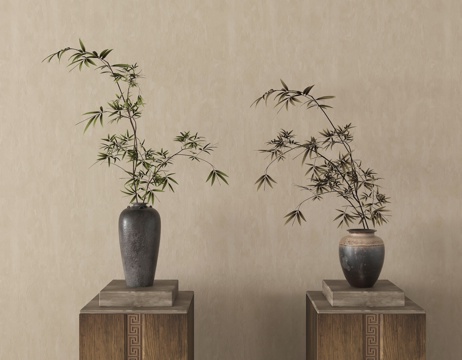 侘寂花艺摆件 陶罐花瓶花艺su模型