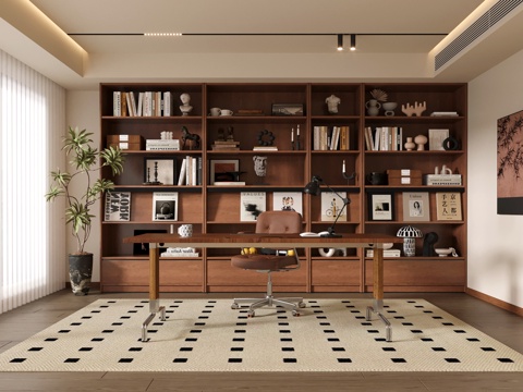 中古书房 书桌椅 落地书柜书架su模型