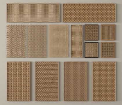 侘寂藤编门板 藤编装饰板 竹编隔断 镂空屏风su模型