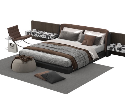 意式双人床 床头柜 床品 单椅 小几su模型