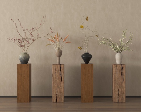 侘寂花瓶花艺 陶罐花艺摆件su模型