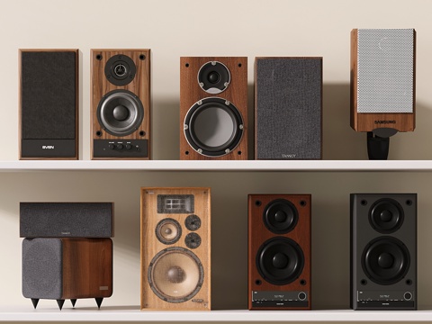 现代低音炮音响 复古立式音箱 书架音响 木质音响su模型