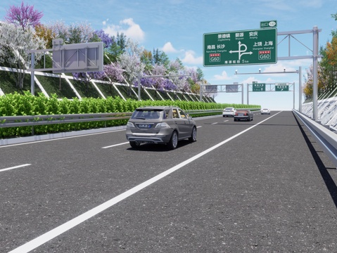 现代高速公路 高速道路 护坡 路障 汽车 边坡 交通指示牌su模型