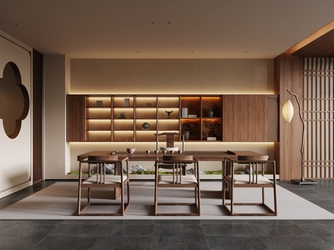 新中式茶室 茶桌椅 茶台su模型