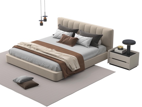  现代双人床 布艺双人床 床头柜 床品 吊灯 地毯3d模型 