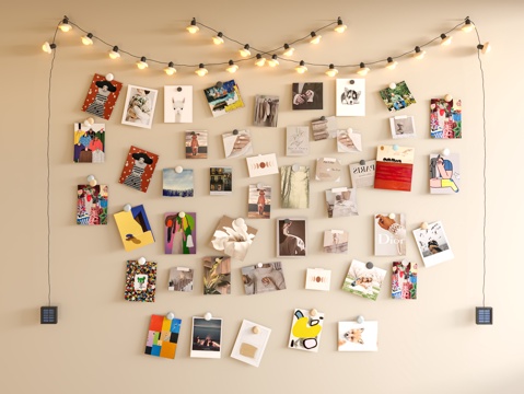 现代照片墙 便签墙 便利贴 照片 墙饰挂件 现代灯串su模型