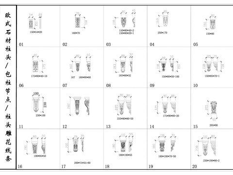 欧式石材柱头 柱头雕花线条 包柱节点cad施工图