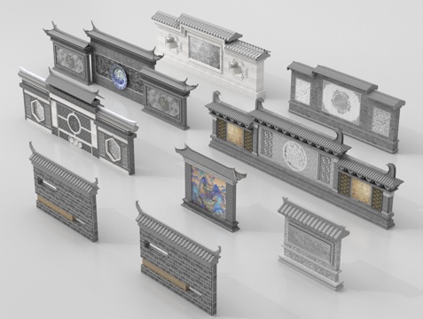 中式景墙围墙 庭院墙 照墙 照壁景墙 文化墙su模型