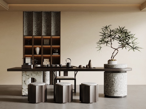 新中式茶室 茶桌椅 茶台 茶叶柜 书柜su模型