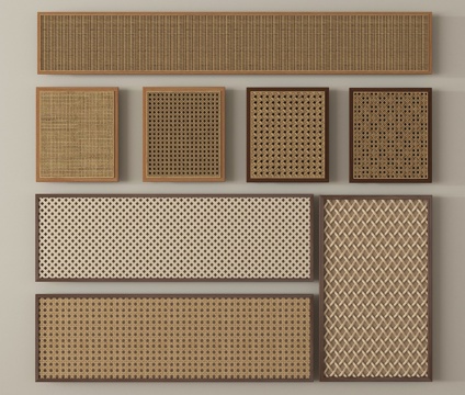 侘寂藤编门板 藤编装饰板 竹编隔断 镂空屏风su模型