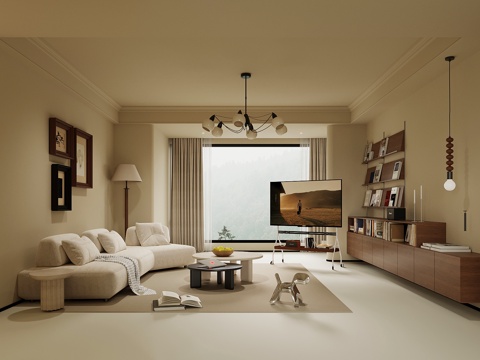 中古风客厅 沙发茶几组合 书柜矮柜 支架电视su模型