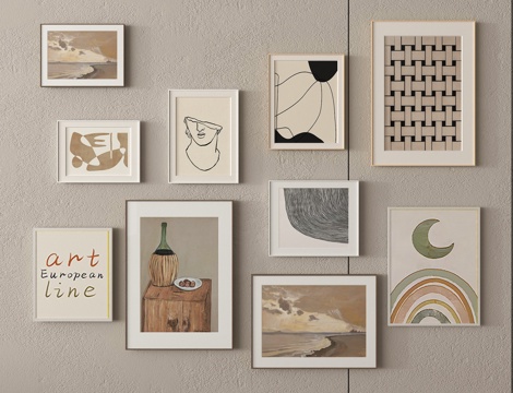 现代挂画组合 奶油风挂画 装饰挂画su模型