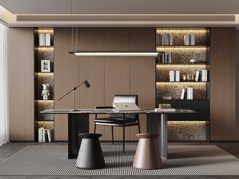 现代意式书房 书桌椅 书柜su模型