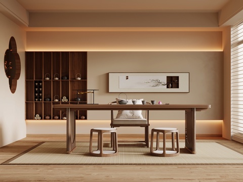 新中式茶室 茶桌椅 茶台su模型