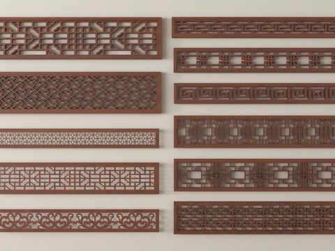 中式围栏护栏 中式花格 栏杆 花格木窗su模型