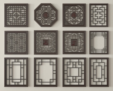 新中式镂花窗 仿古镂花窗 雕花窗户 花格木窗su模型