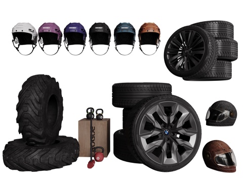 现代车轮胎 车配件 机车头盔 安全帽su模型