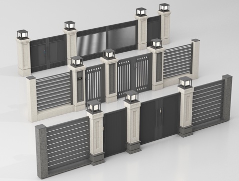 现代庭院门 别墅大门 围墙 院门栏杆su模型