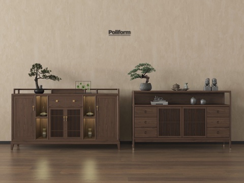 新中式餐边柜 装饰柜 玄关柜 矮柜 茶水柜su模型