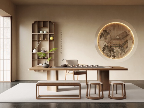 新中式茶室 茶桌椅 茶台 茶柜su模型