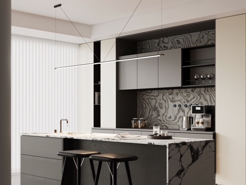 现代意式餐厅 吧台 酒柜 餐桌椅su模型