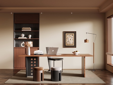 中古风书房 书桌椅 书柜su模型