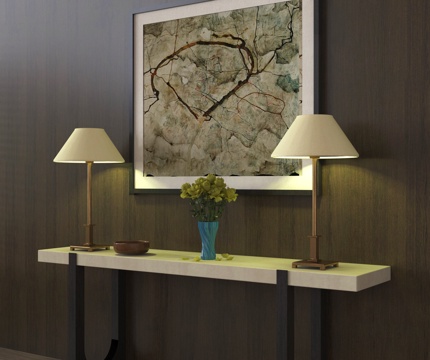 中古端景玄关柜 大理石条案 台灯摆件 挂画su模型