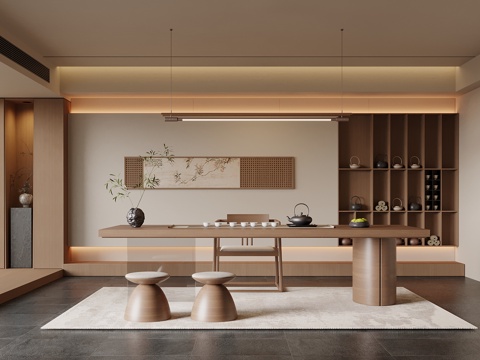 新中式茶室 茶桌椅 茶台su模型