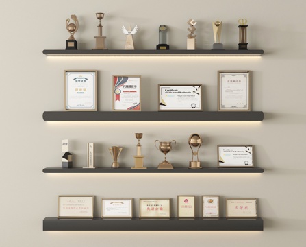 现代奖杯奖牌 奖状 奖杯 荣誉证书su模型