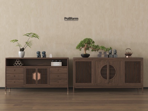 新中式餐边柜 装饰柜 玄关柜 矮柜 茶水柜su模型