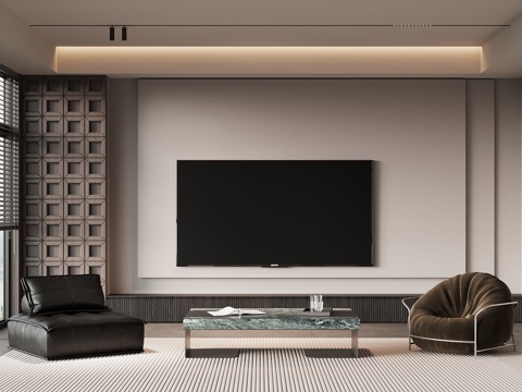 现代意式客厅 沙发茶几组合 电视背景墙su模型