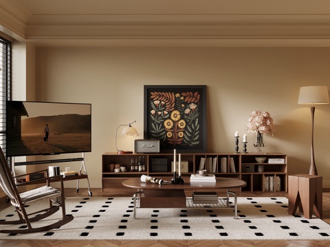 中古风客厅 电视柜 支架电视 茶几 落地灯su模型