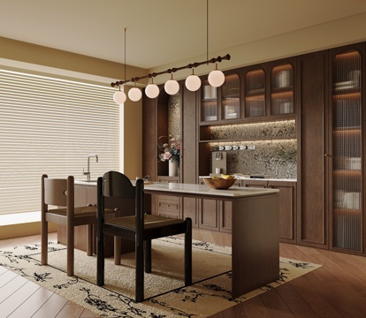  中古风餐厅 餐桌椅 岛台 酒柜 吊灯3d模型 