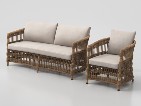 侘寂藤编沙发 户外休闲椅 双人休闲椅su模型