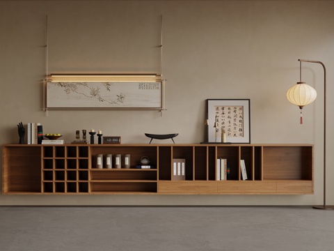 新中式书柜 矮柜 装饰柜 电视柜 落地灯 装饰画su模型