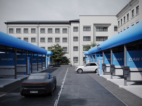 现代自助洗车 自助洗车棚 洗车店su模型