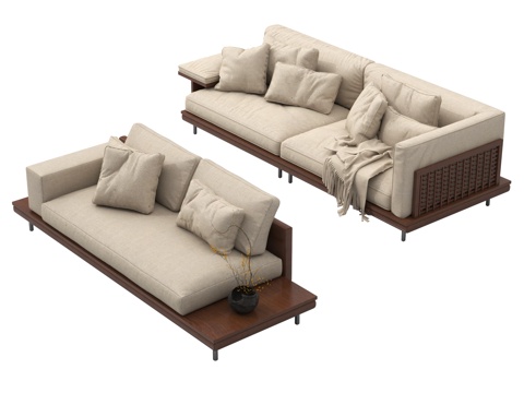 侘寂沙发组合 客厅沙发 藤编沙发 多人沙发su模型