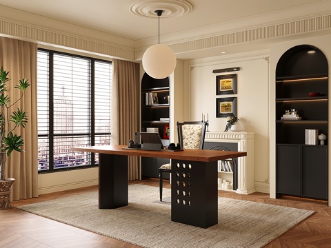 法式中古书房 书桌椅 书柜 壁炉 盆栽su模型