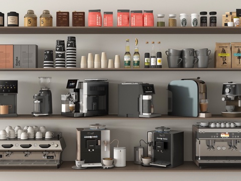 现代咖啡机 咖啡用品 咖啡豆 破壁机 一次性杯子su模型