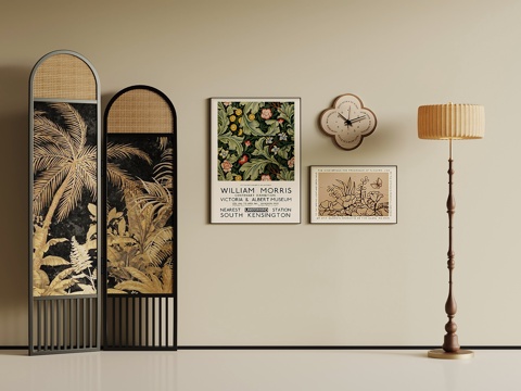 法式屏风 装饰画 落地灯su模型