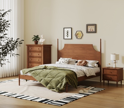  法式实木双人床 美式实木床 实木床头柜3d模型 