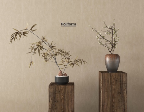 新中式花艺摆件 陶罐花瓶花艺su模型